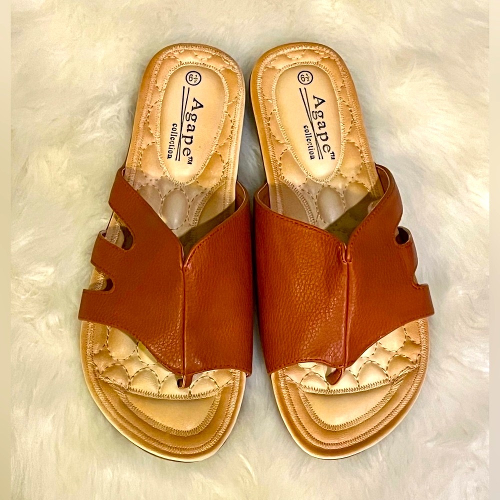 Agape Collection Leather Orthopedic Sandals Slides Flip Flops Thongs Shoes Tan